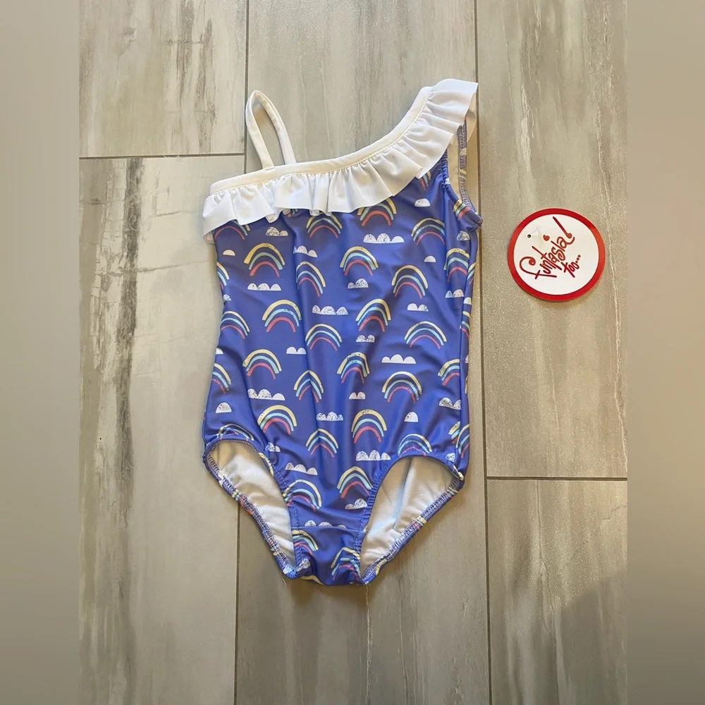 NWT Funtasia Too Indigo One-Piece Rainbow Ruffled Tank Swimsuit girls 5